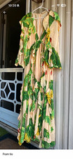 Farm Rio Green Beige Yellow Tropical Floral V-Neck Ruffle Tie Maxi Dress OS
