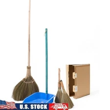 Handmade Natural Grass Broom Set W/ Dustpan Indoor Outdoor Family Cleaning New