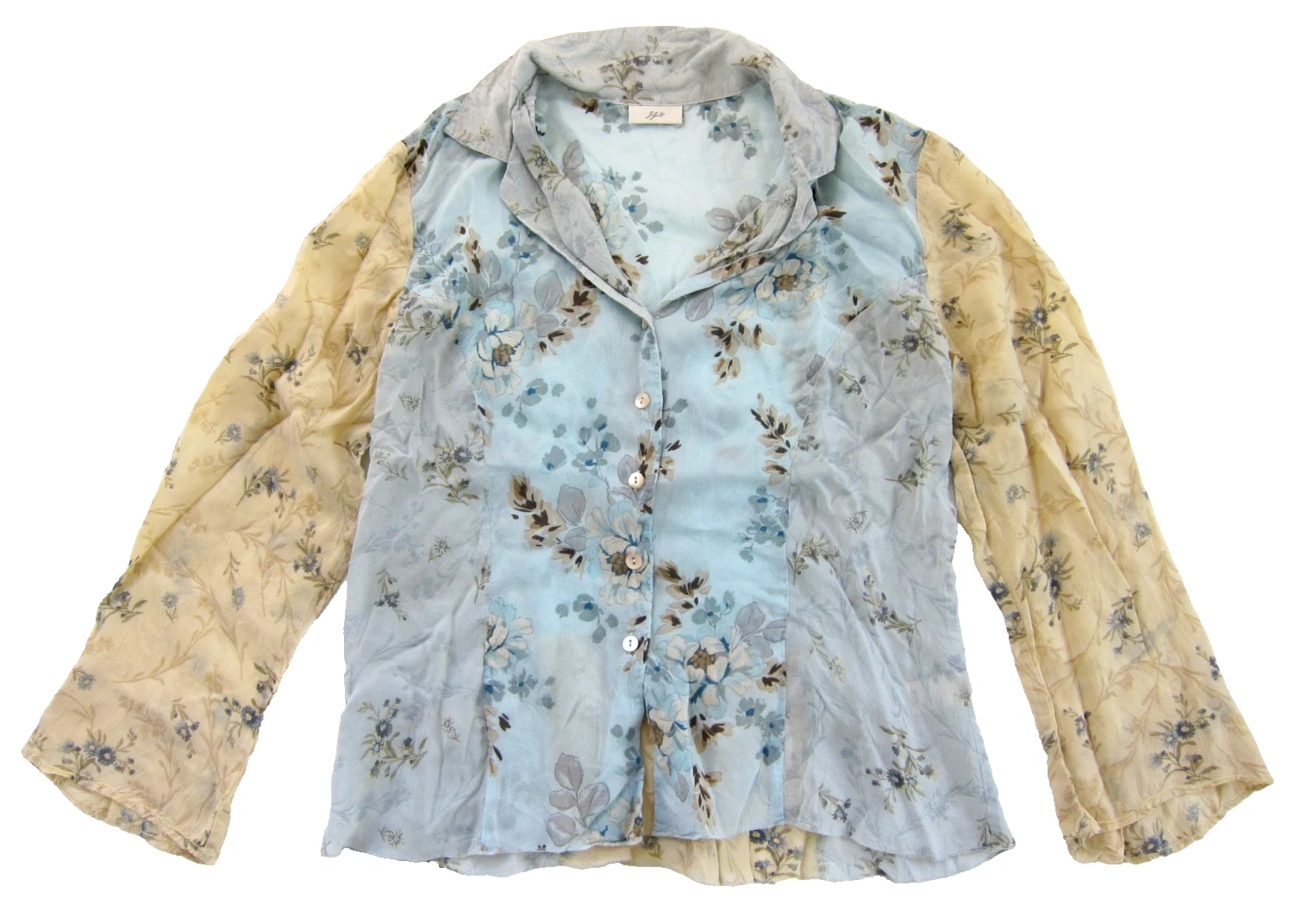 J.Jill Rayon Sheer Blue Ivory Floral Collar Button Down Long Sleeve Blouse XS-S
