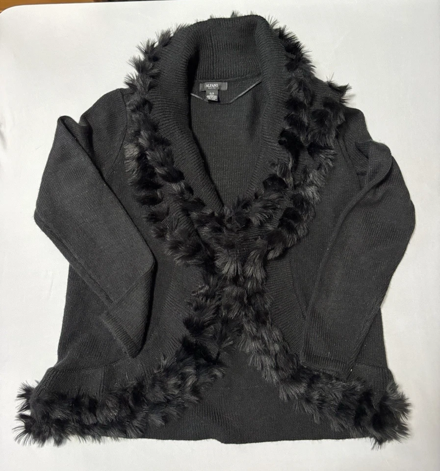 Cárdigan suéter de piel sintética negro pequeño Alfani Petite para mujer ocasión glamour vacaciones Foto 4 de 4