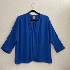 Chico's Sz 3 XL 16 Blue 3/4 Sleeve V-Neck Tunic Top w/ Pleats Stretchy Hem