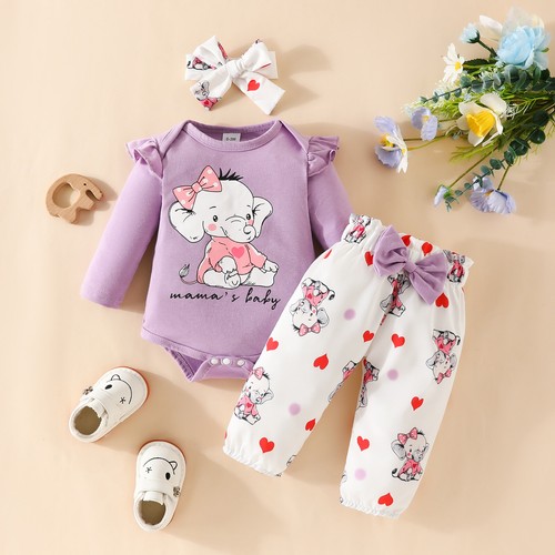 3PCS Newborn Baby Girls Elephant Romper Tops Pants Headband Outfit Set Clothes - Picture 16 of 17