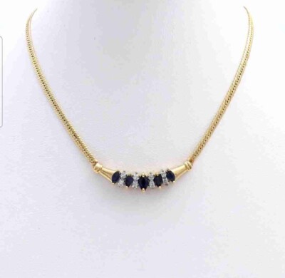 14k GOLD SAPHIR UND DIAMANT HALSKETTE GESCHWUNGENER BARREN 16 Zoll ITALIEN MASSIV GOLD VINTAGE