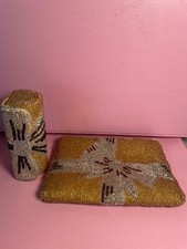 Neiman Marcus beaded evening bag, gold with silver bow matching lipstick case