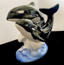 Vintage Orca Killer Whales Porcelain Figurine on Waves Ocean Sea Wild Life