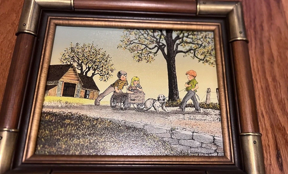 Dog Won't Pull Wagon H Hargrove Framed 12 x 14 Painting on Canvas - Imagem 2 de 4