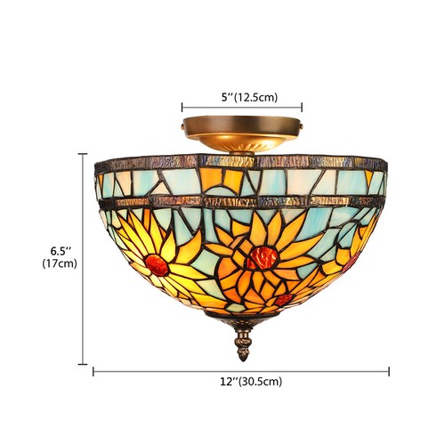 Tiffany Style Stained Glass Sunflower Ceiling Lamp Bedroom Semi Flush Mount Lamp - Picture 4 of 6