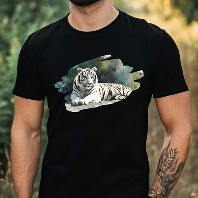 Mens White Tiger Watercolour Motif Cotton T-Shirt Size XS to 5XL