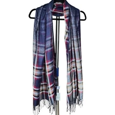 The Paper Store Womens Pashmina Wrap Scarf Shawl Fringed Navy Blue Plaid NWT