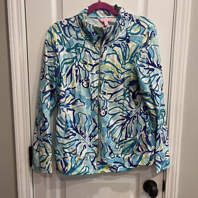 Lilly Pulitzer Reagan Full Zip Up Jacket Pool Blue  Stay Cool Tropical Medium