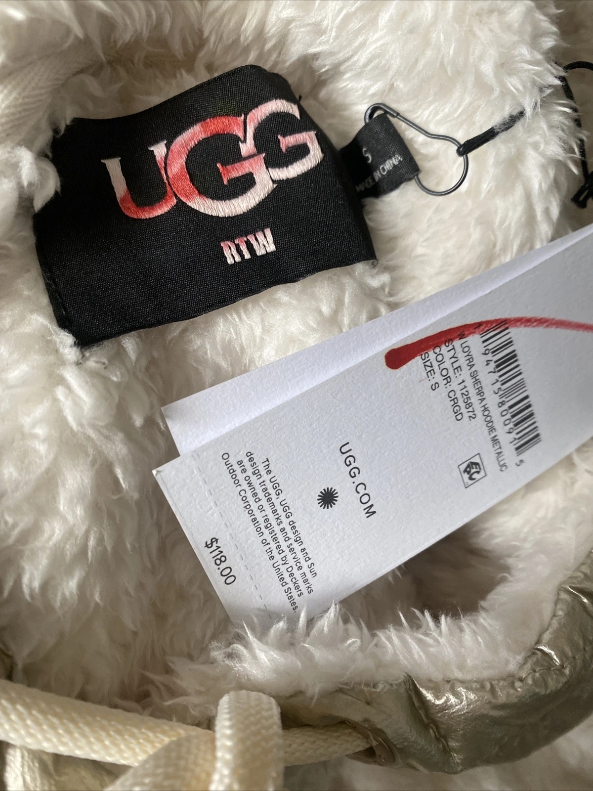 OFF WHITE MAGLIONE CON CAPPUCCIO UGG LOYRA SHERPA PULL OVER CREMA ORO METALLIZZATO TAGLIA S DONNA PICCOLA