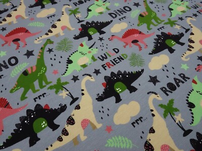 Stoff Baumwolle French Terry Sweatshirtstoff Dinos Dinosaurier grau grün rot 