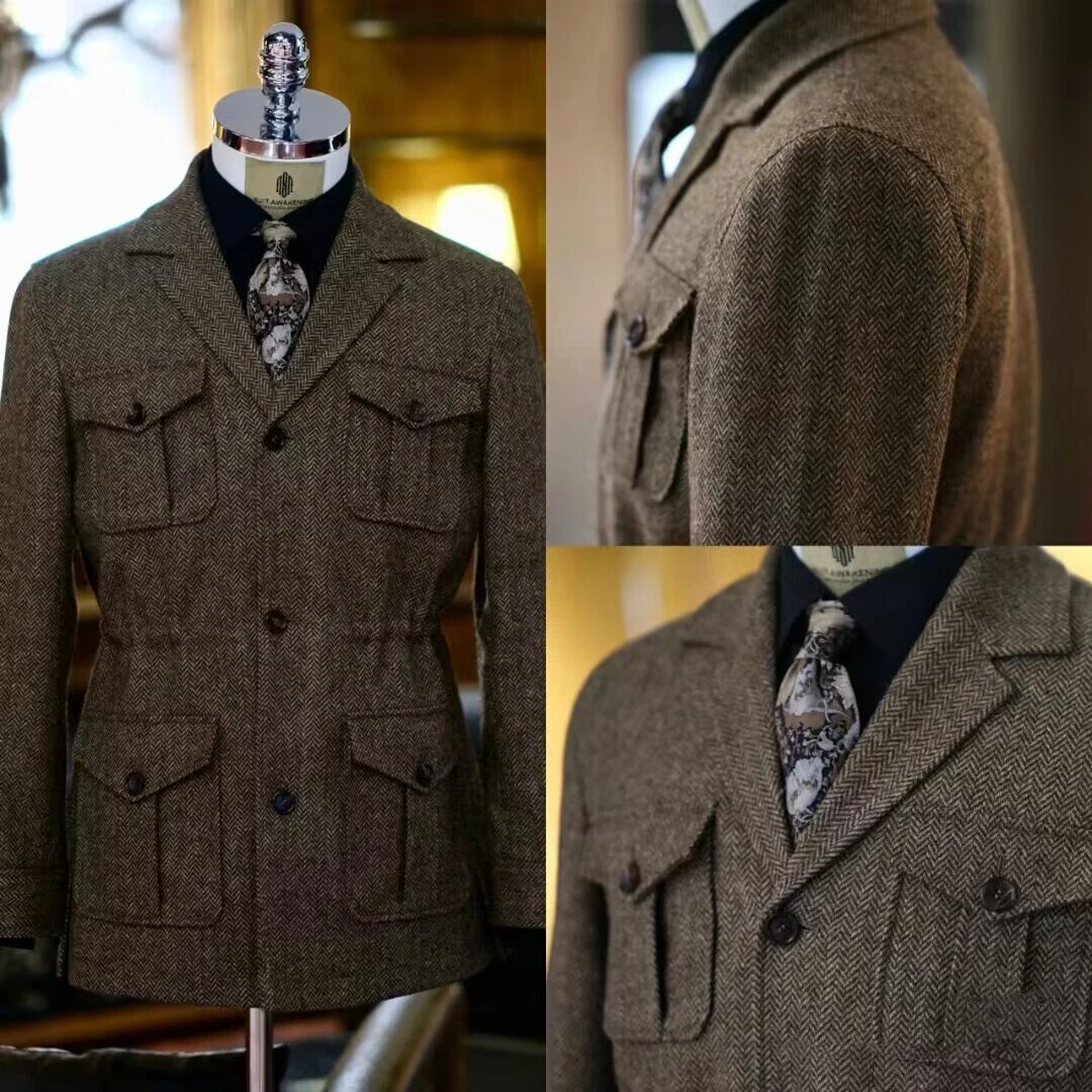 Vintage Tweed Safari Jacket Herringbone Formal Causal Outdoor