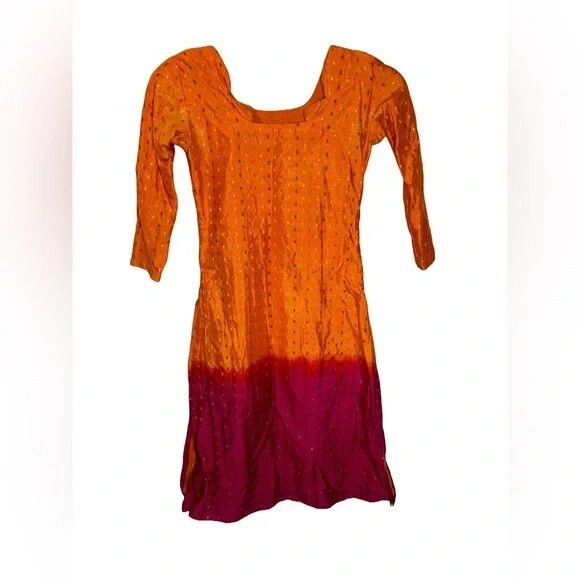 S Orange & Pink Polka Dot Long Sleeve Kurti Tunic Dress eBay