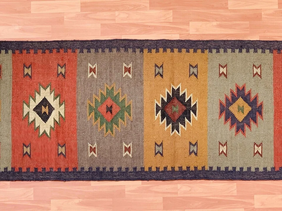 Kilim Runner Rug Handmade Wool Jute Bedside Hallway Reversible Carpet Home Decor - Image 4 of 4