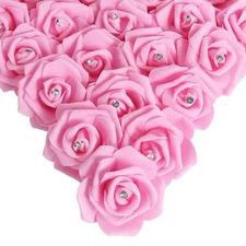 100pcs Pink Foam Rose Artificial Flower Bulk with Crystal 3in Real Looking St...
