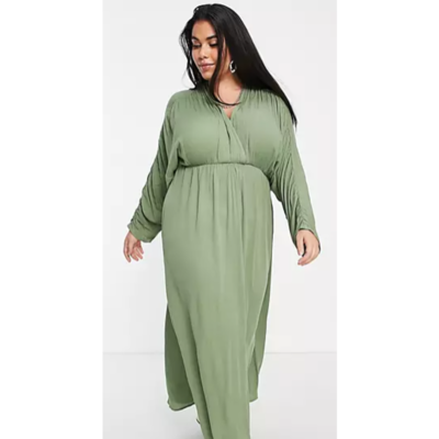 ASOS DESIGN curve plunge front beach maxi dress in khaki | eBay