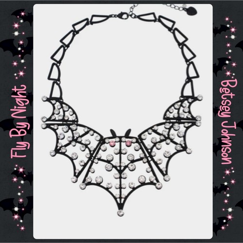 NWT Betsey Johnson Bat Statement Necklace Rhinestone Black Bib Wings Halloween - Picture 10 of 11