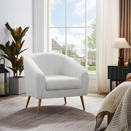 Teddy Fur Accent Chair Barrel Boucle Cream Modern Home Living Seating Furniture - Picture 3 of 58