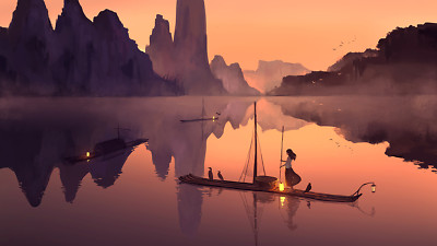 Anime girls ferry lake landscape fantasy art han yi CCG Gaming Mat Desk