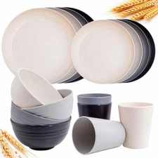 Wheat Straw Dinnerware Sets, 16PCS Plastic Dinnerware Set for 4, Wheat Straw Pla