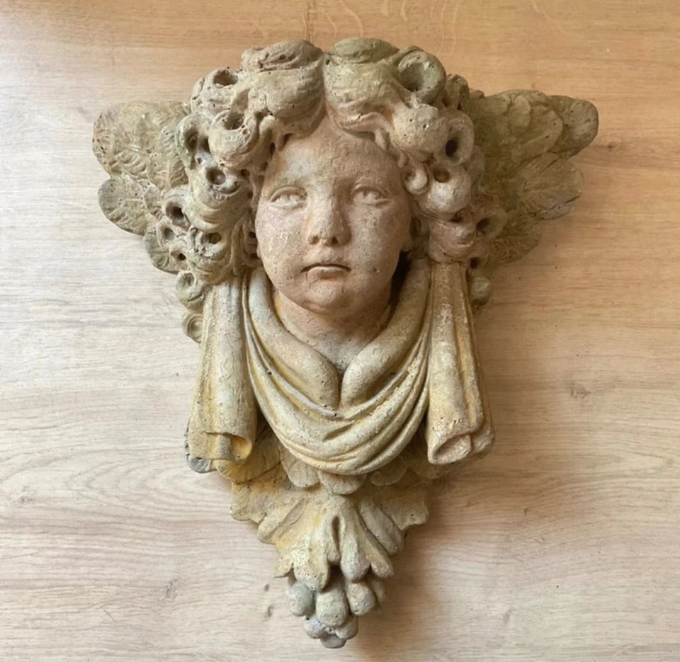 Sculpture Sellette murale angelot putto en pierre reconstituée 33 cm déco jardin - Photo 1/4