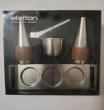  Stelton Denmark Danish Modern Teak Wood Metal Salt And Pepper Set  MCM