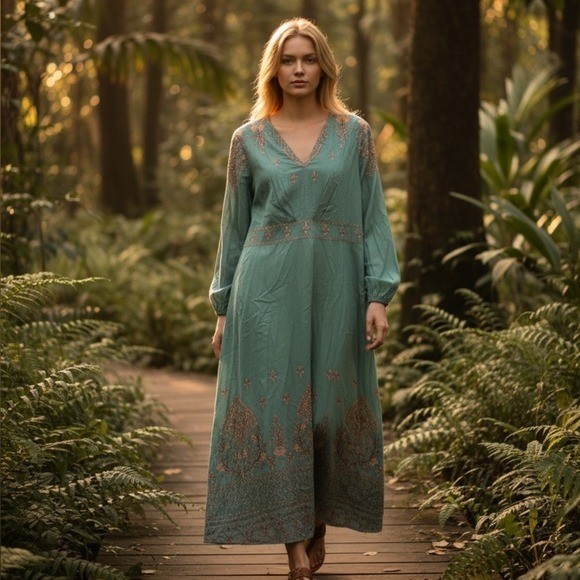 Bohemian Embroidered V Neck Maxi Dress Teal Long Sleeve Flowy Resortwear XL