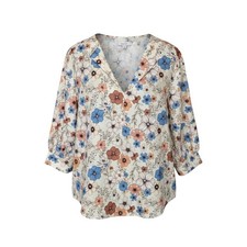 Emery Rose Womens Floral V-Neck Blouse 3/4 Sleeve Cream Blue Terracotta L NWT