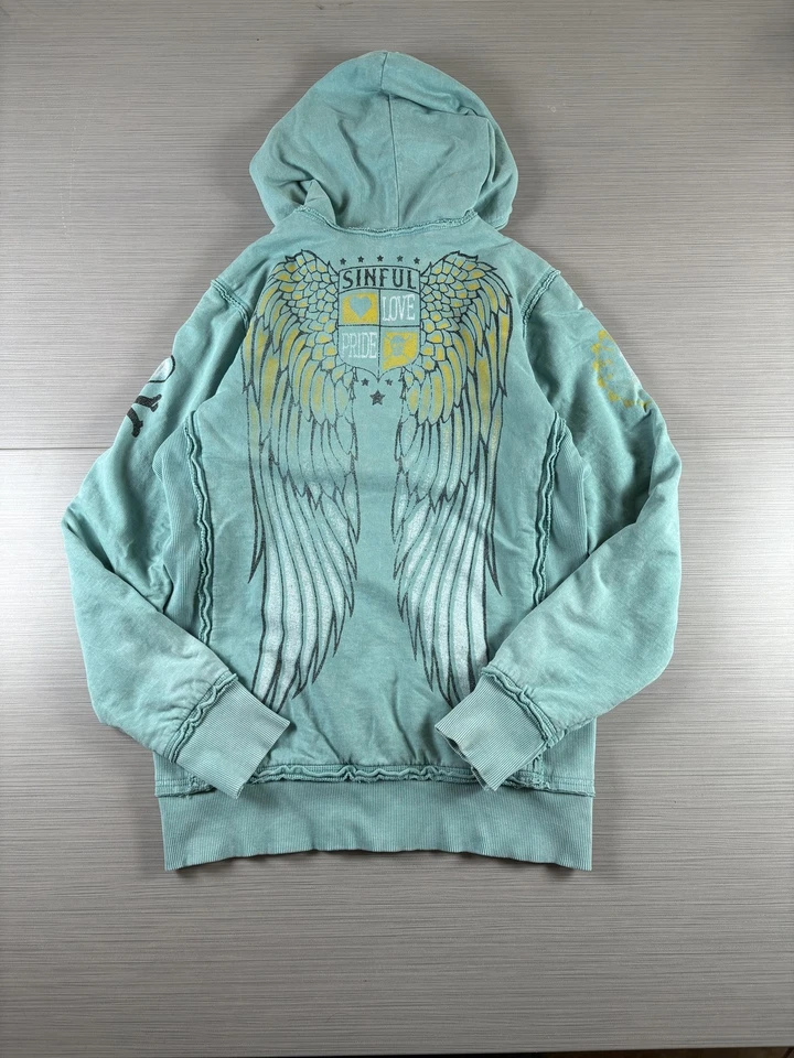 Sinful Affliction Hoodie Womens Large Zip Angel Wings Skull 90S USA Reversible - Image 2 of 4