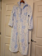 Miss Elaine Blue White Plush Fleece Zip Robe Housecoat Long Sleeve S