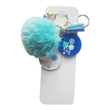 Blue Aqua Floral Faux Fur Pom Pom Tassel Key Chain for Women Trendy One Size