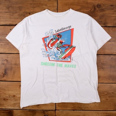 Vintage Adidas T-Shirt L Herren 90s weiß Lake George Jetski Einzelnaht USA