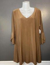 Tango Mango Dress Womens Large Brown 3/4 Bell Sleeve V Neck Tunic Solid