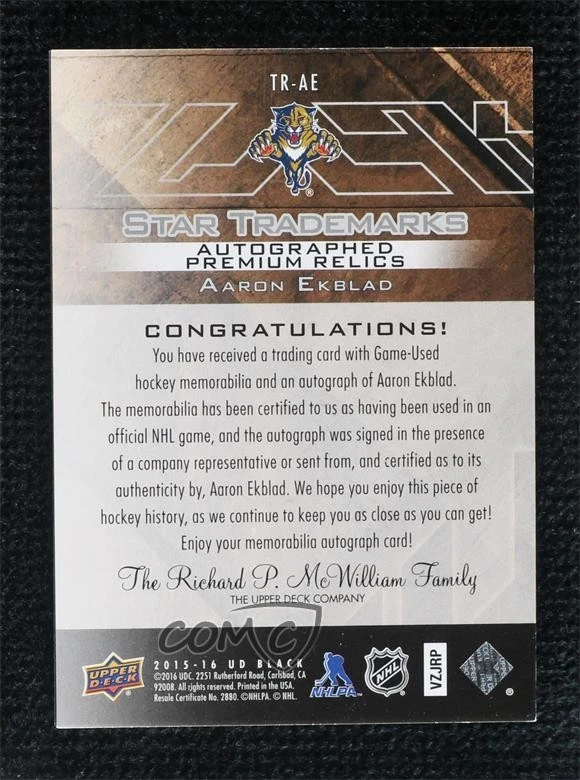 2015 UD Black Star Trademarks Relics Gold Spectrum /10 Aaron Ekblad #TR-AE Auto - Image 2 of 2