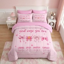 7 Pcs Comforter Set Size, Pink Glitter Bow Bedding Set for Full Pink Bow 7