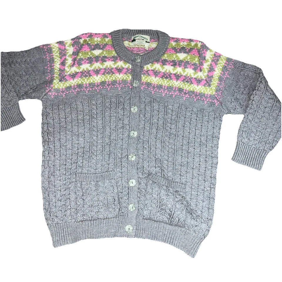 Cárdigan de lana artesanal Aran L gris rosa tejido con cable suéter de pescadores usado en excelente estado c2 Foto 4 de 4