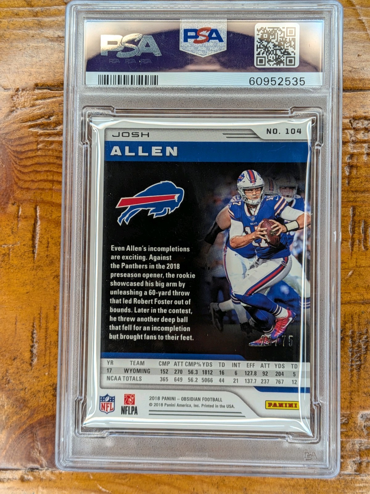 2018 Panini Obsidian - Josh Allen #104 Electric Etch Purple /75 (RC) PSA 6 Bills view 2