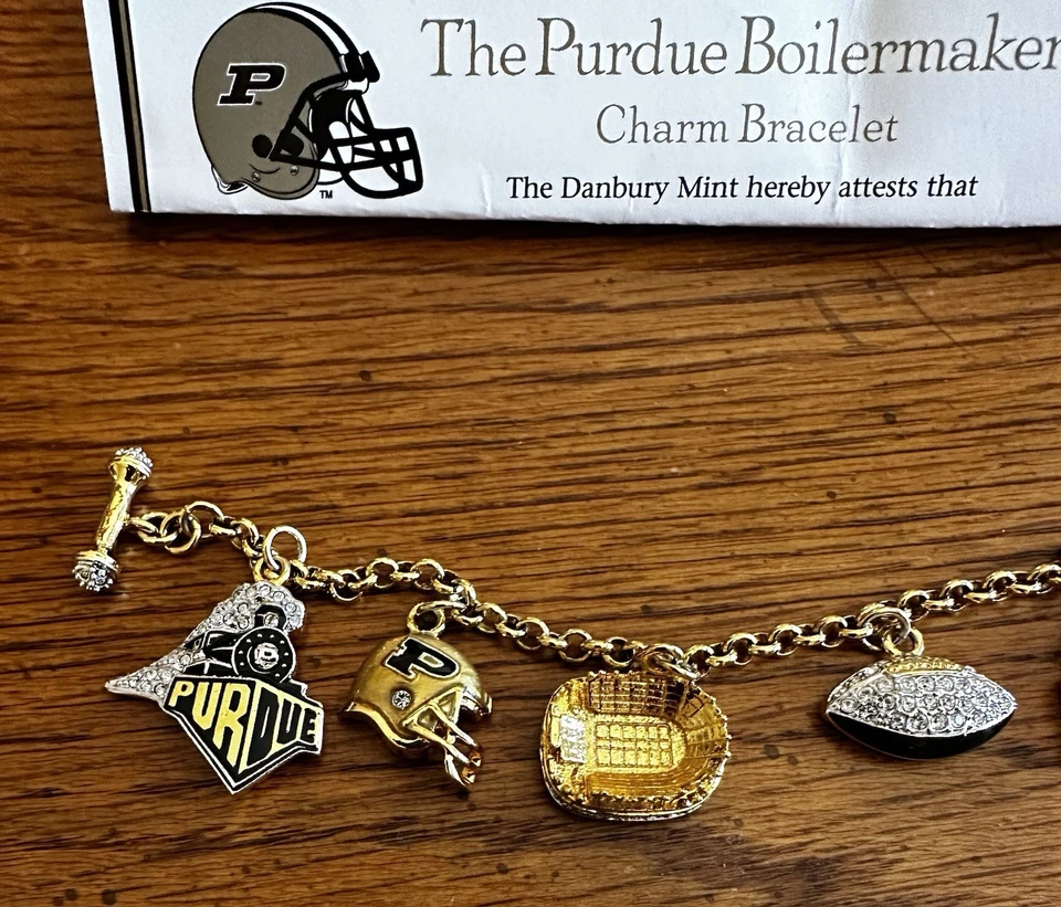 Pulsera Danbury Mint Purdue Fútbol Dije Chapado en Oro 24k Cristales Swarovski Foto 3 de 4