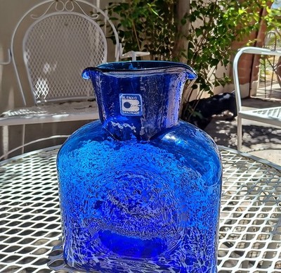 Blenko Hand Blown Cobalt Blue Double Spout Pitcher Carafe Vase - 1980's/1990's