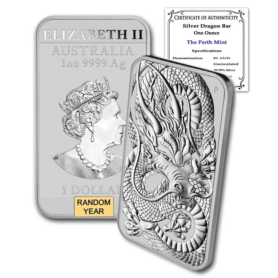Barra de plata dragón edición limitada 2018-P Perth Mint 1 oz - acabado brillante certificado de autenticidad Foto 3 de 4
