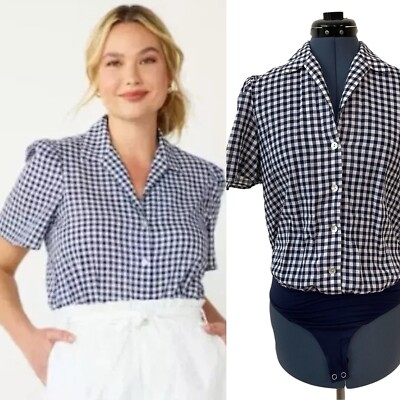 Draper James Blue White Gingham Check Button Up Short Sleeve Bodysuit Blouse S