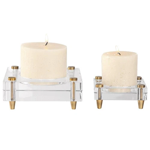 Uttermost Claire 2-Piece Crystal Block Candle Holder Set in Brass/Off White - Picture 3 of 4