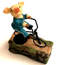 Pig Riding Bicycle Hinged Trinket Box Bike Biker Hog in Blue Track Suit