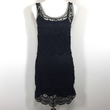 Womens LBD Black Sleeveless Tank Ornate Scallop Fully Lined Lace Crochet Dress