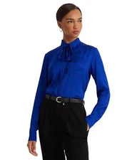 Lauren Ralph Lauren Belting-Motif Jacquard Tie-Neck Shirt Sapphire Star LG