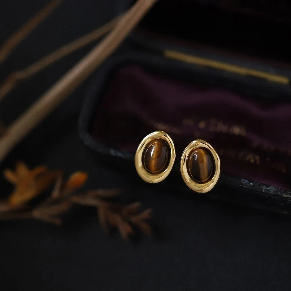 Collar/pendiente de cadena colgante ojo de tigre natural enchapado en oro de 18 quilates para mujer Foto 2 de 4