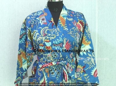Women Pure Cotton Mukat Print Blue Lingerie Night Gown Sleepwear Kimono Robe