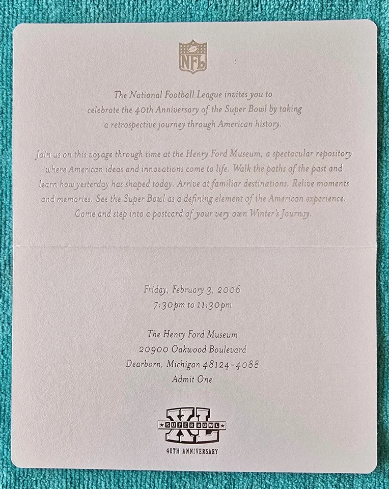 SUPER BOWL XL (40) VIERNES POR LA NOCHE "FIESTA DE LOS COMISIONADOS" PAQUETE DE BOLETOS - NFL - SIN USAR Foto 2 de 4