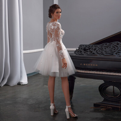 Short Tulle Wedding Dress 3D Flowers Long Sleeve Glitter Bridal Gown Knee  Length | eBay